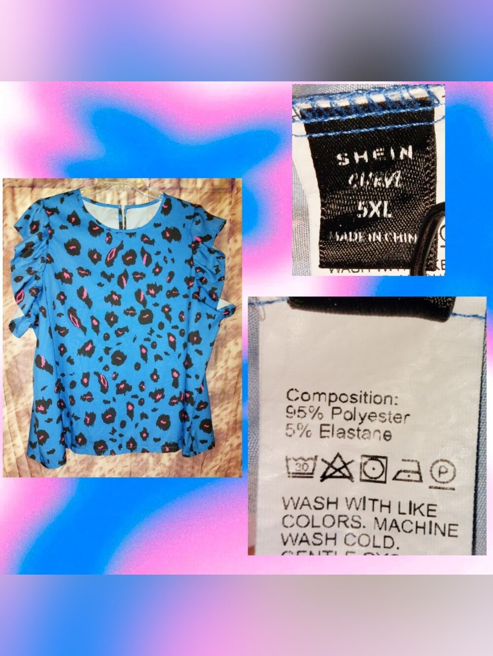 Shein brand Medium Blue/Black/Pink Leopard Print Soft Woven Top Jrs Plus Sz 5XL